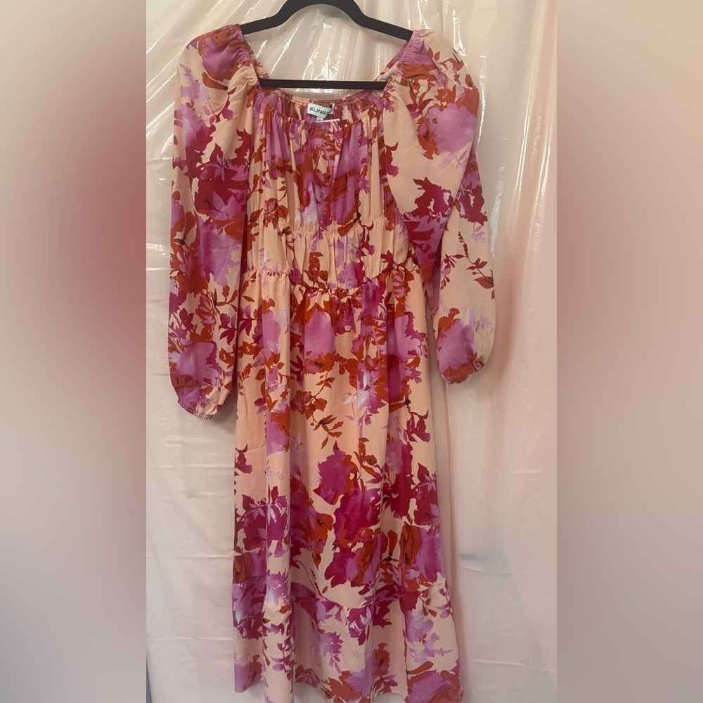 Floral Midi Dress in Pink and Purple